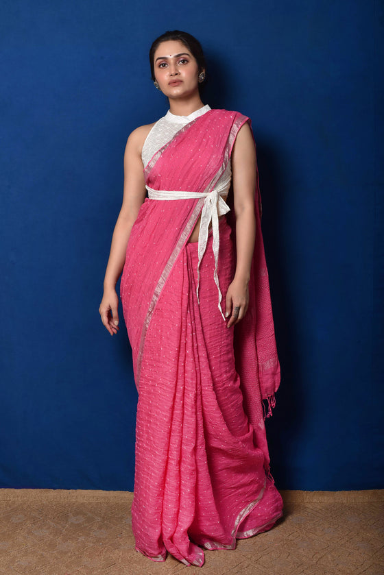 Pink Bandhani on Linen Saree
