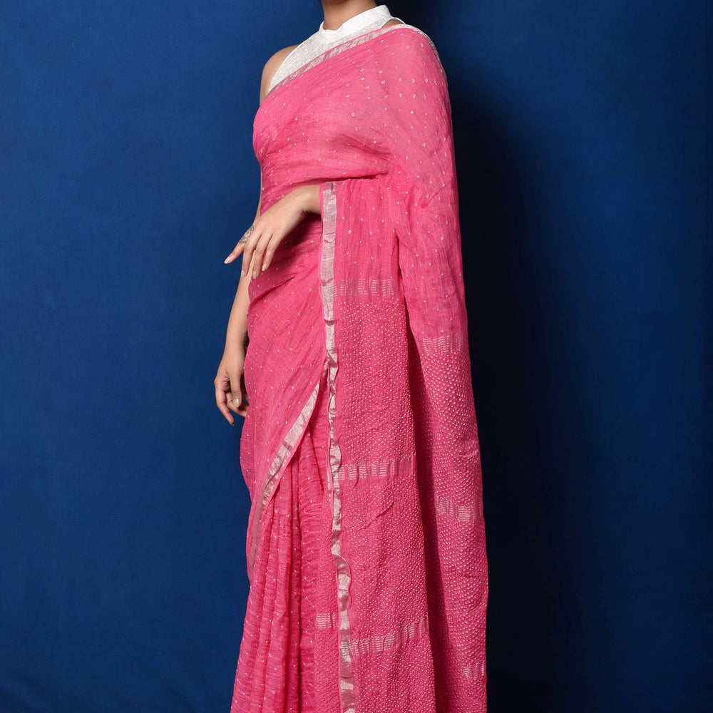 Pink Bandhani on Linen Saree