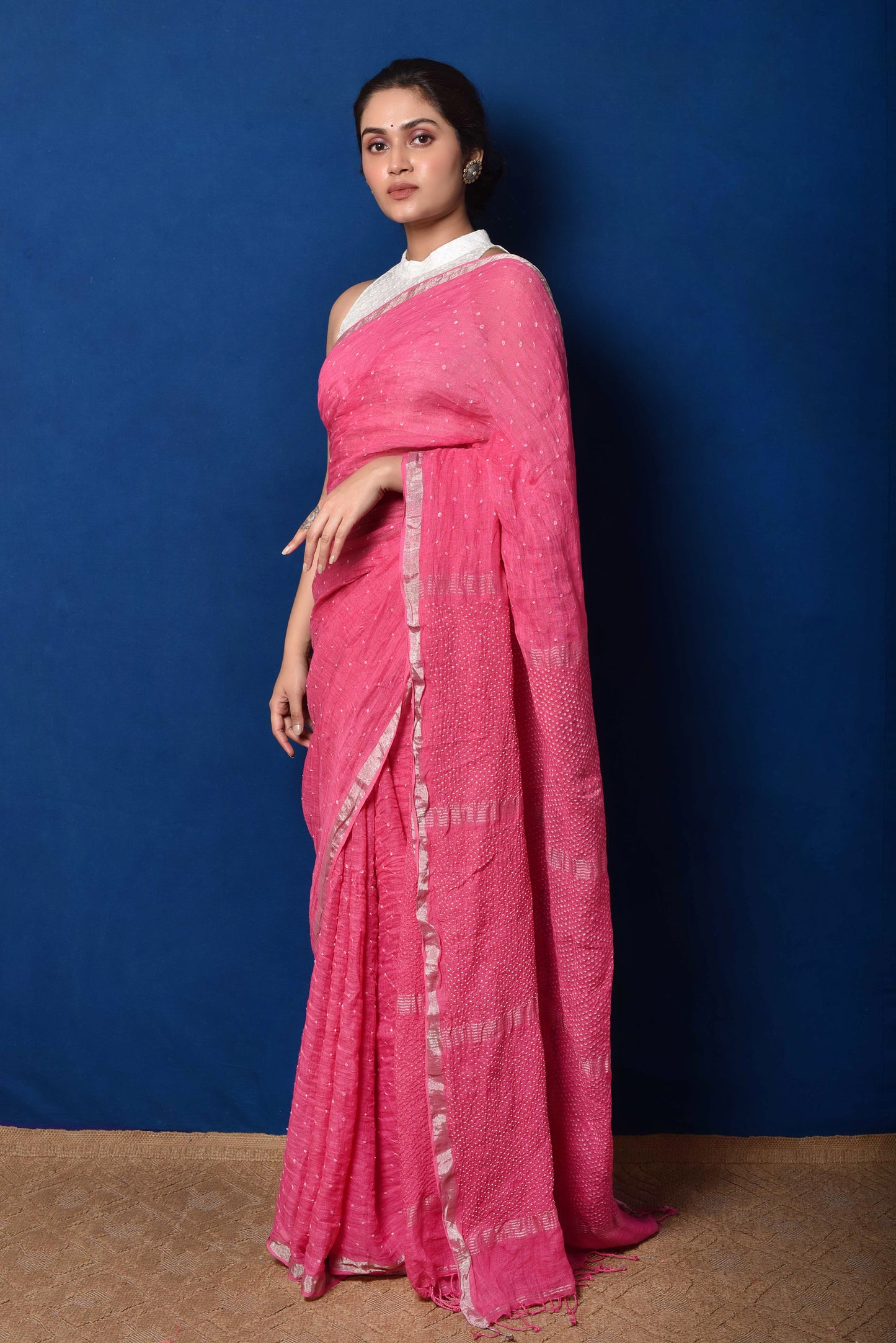 Pink Bandhani on Linen Saree