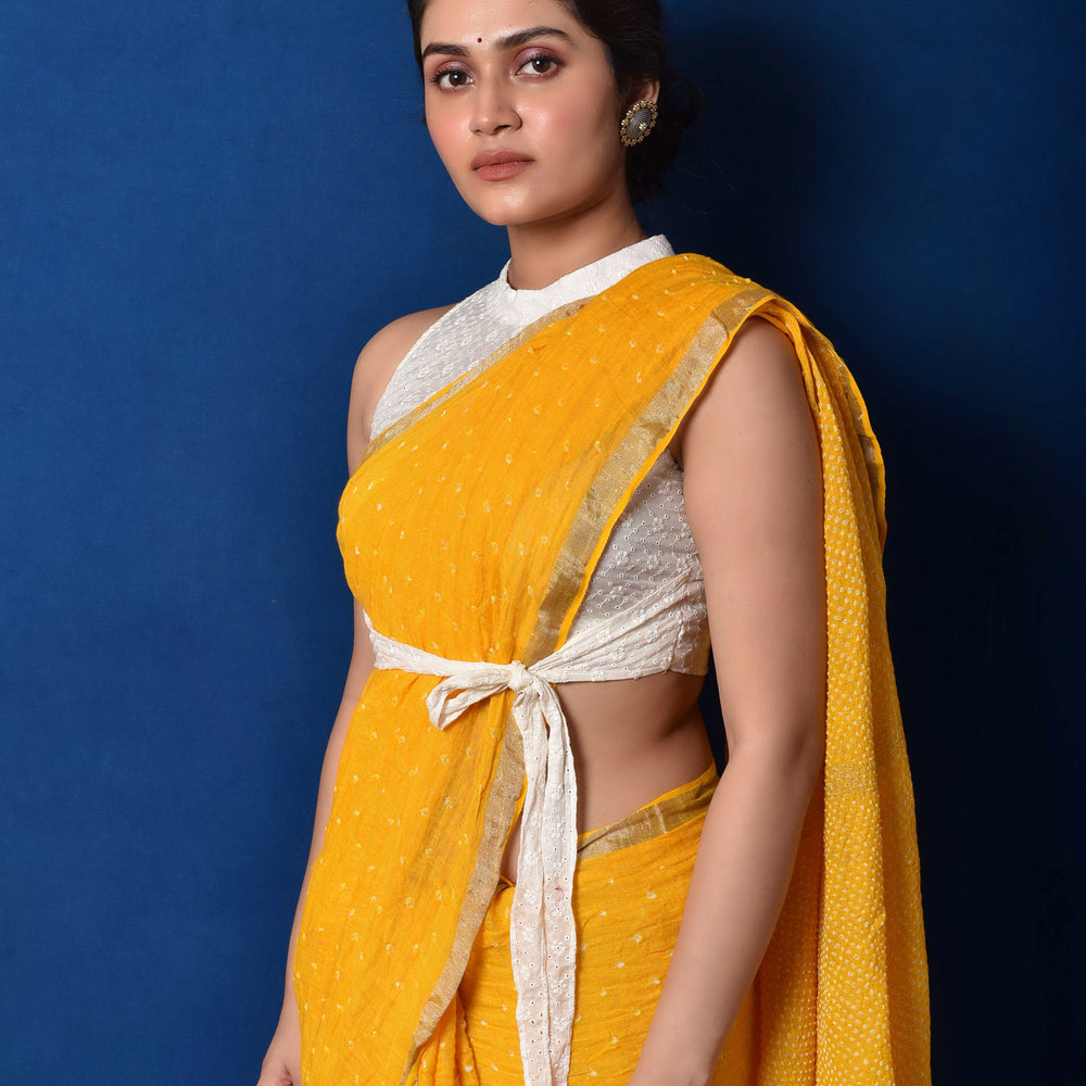 
                      
                        Yellow Bandhani on Linen Saree
                      
                    