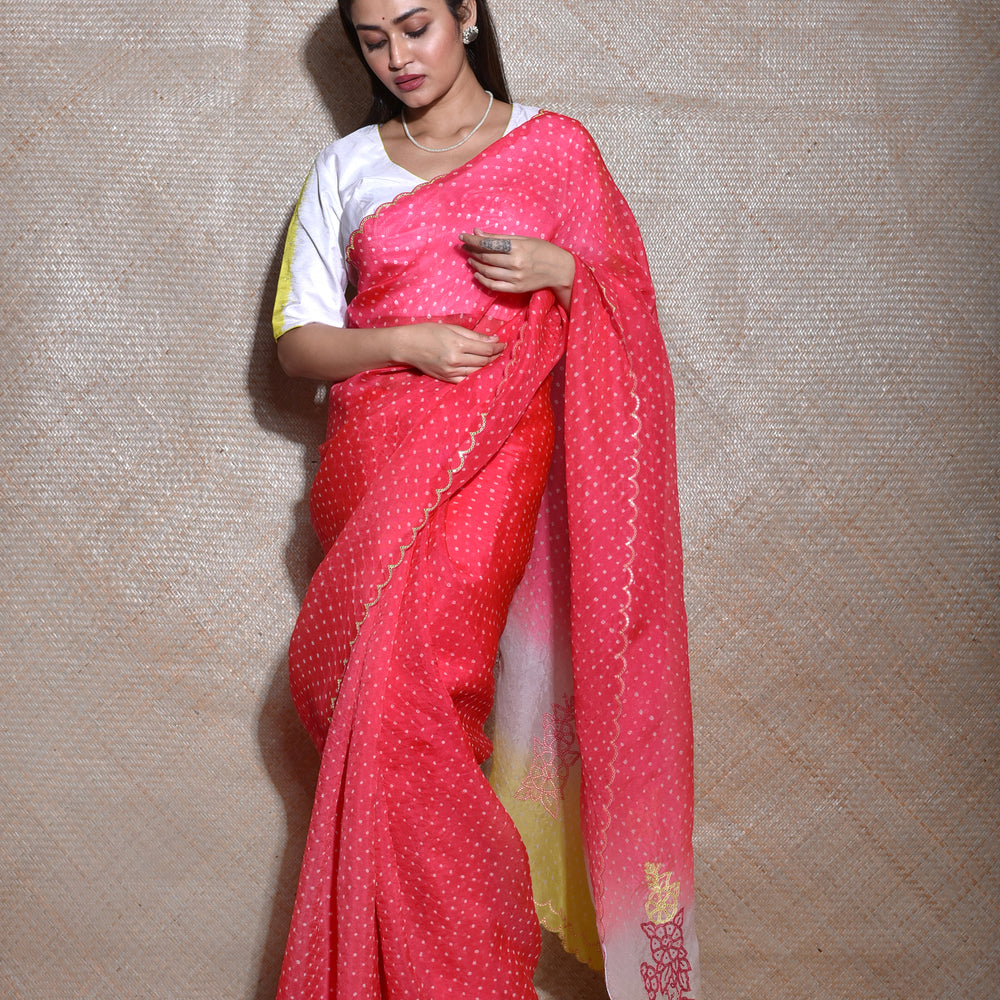 
                      
                        Bandhani on Organza Saree with Mirror Work - Tomato Lime
                      
                    