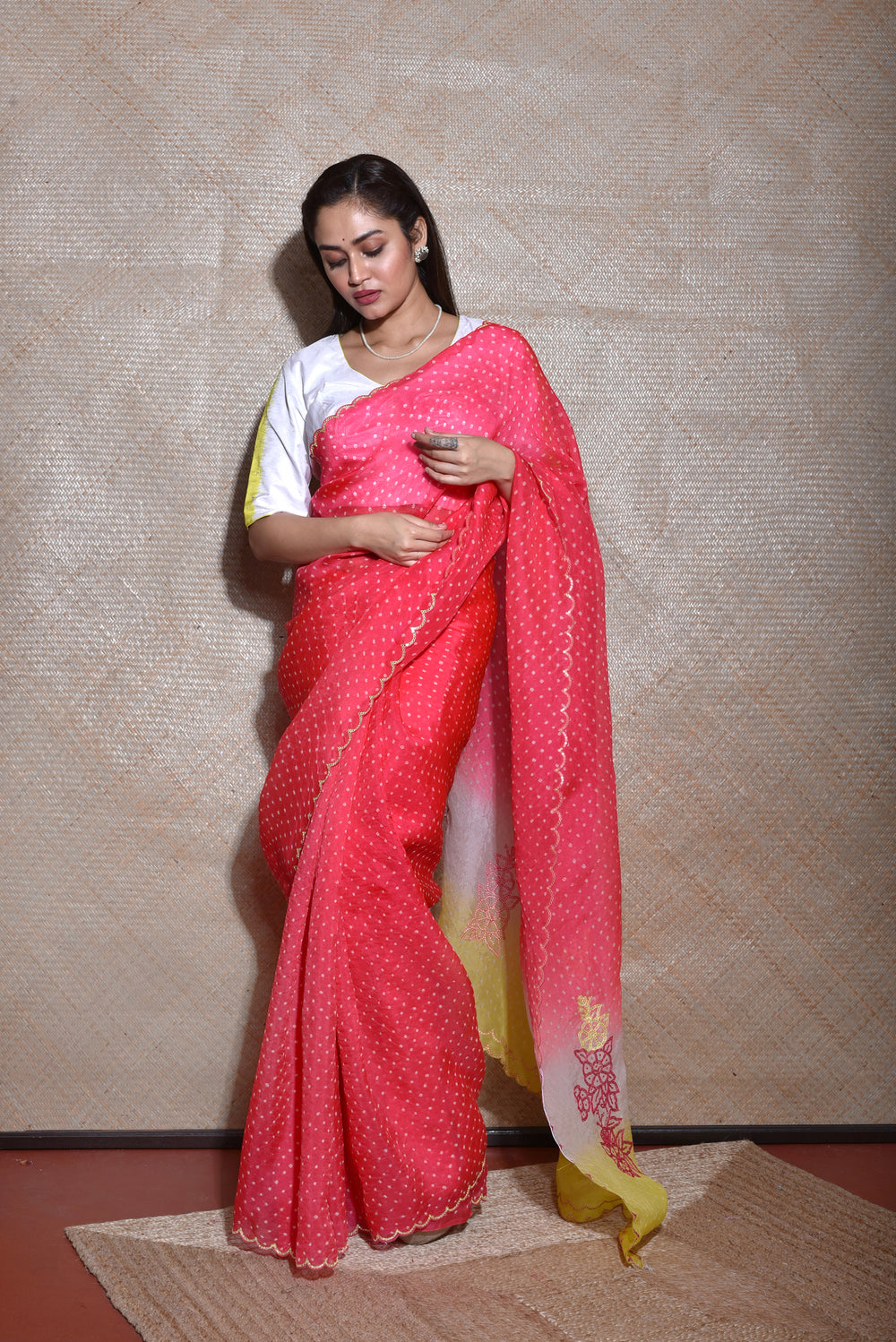 Bandhani on Organza Saree with Mirror Work - Tomato Lime