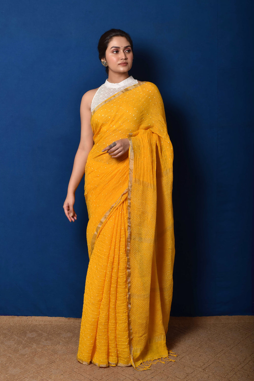 Yellow Bandhani on Linen Saree