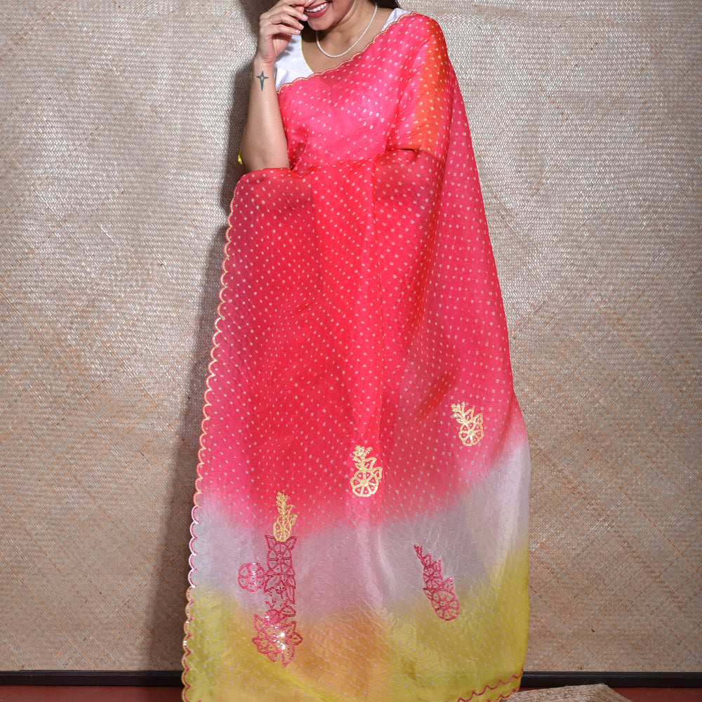 
                      
                        Bandhani on Organza Saree with Mirror Work - Tomato Lime
                      
                    