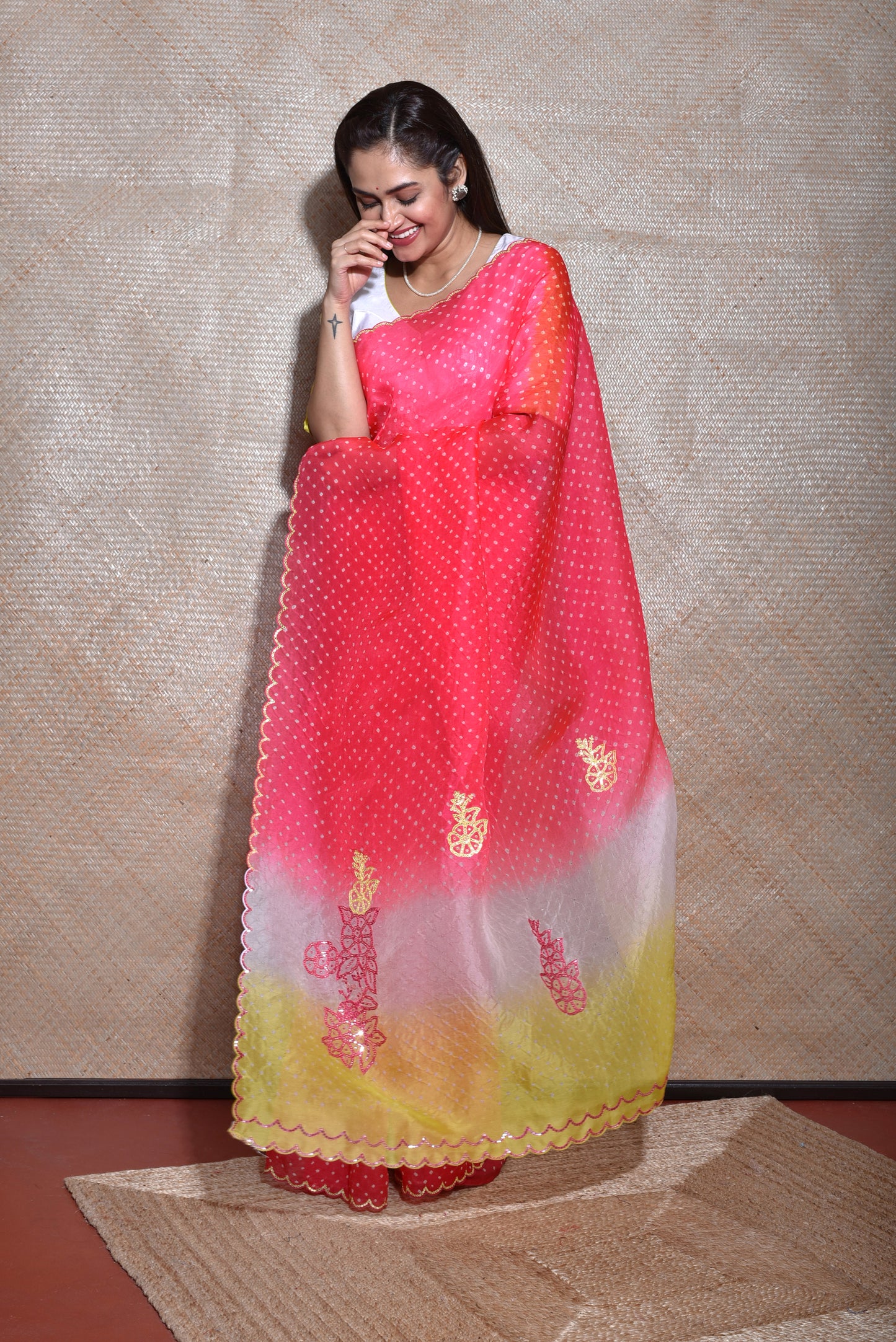 Bandhani on Organza Saree with Mirror Work - Tomato Lime