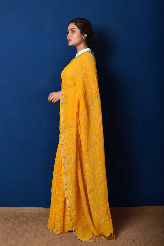 Yellow Bandhani on Linen Saree