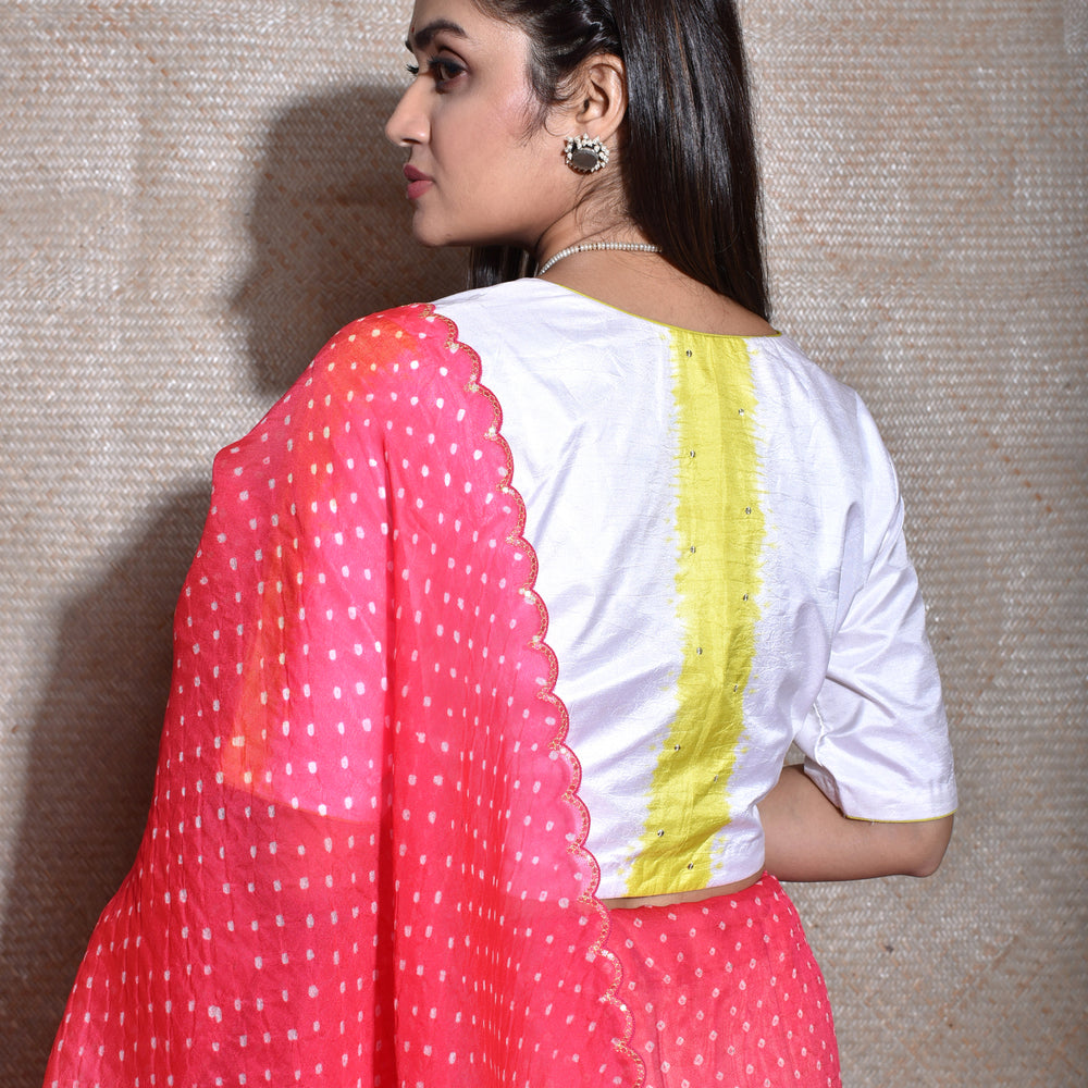 
                      
                        Bandhani on Organza Saree with Mirror Work - Tomato Lime
                      
                    