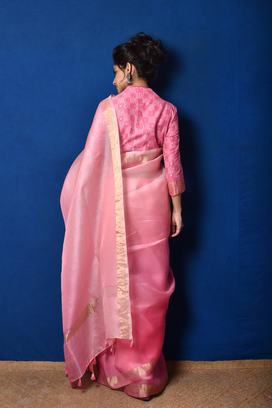 Shaded Organza Zari Border Saree - Pink