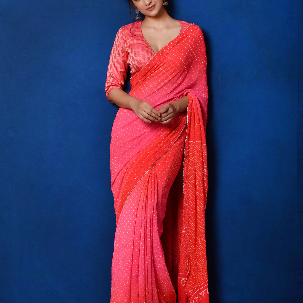 
                      
                        Pink Peach Bandhani Saree in Pure Chiffon
                      
                    