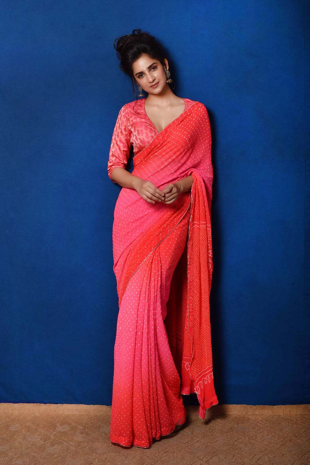 Pink Peach Bandhani Saree in Pure Chiffon