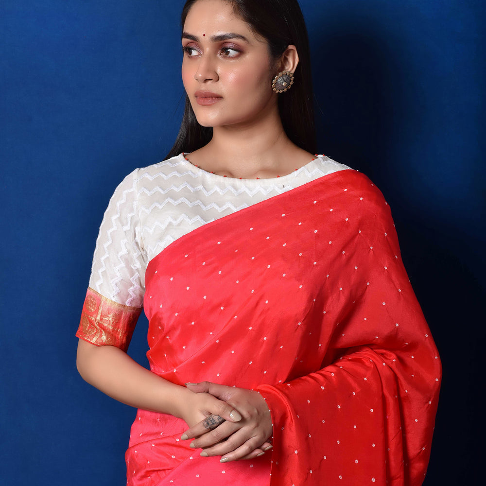 
                      
                        Pink Red Bandhani on Pure Silk Saree
                      
                    