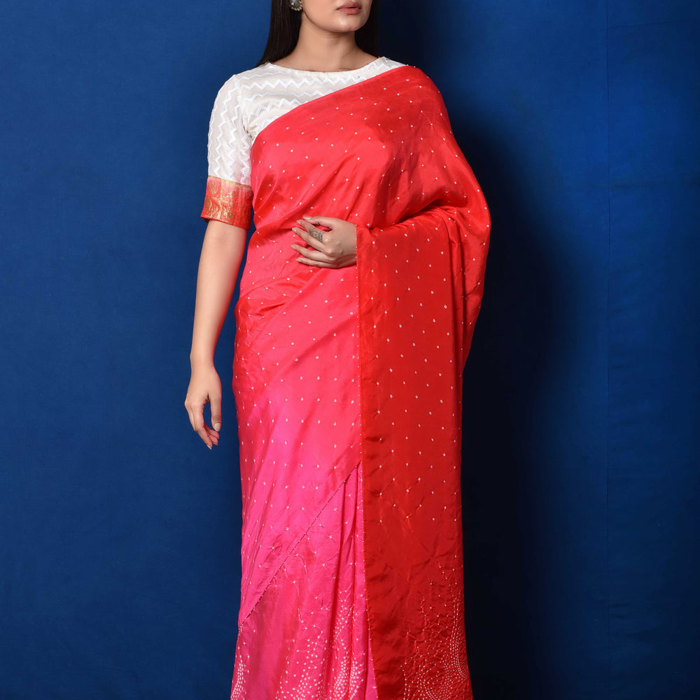 
                      
                        Pink Red Bandhani on Pure Silk Saree
                      
                    