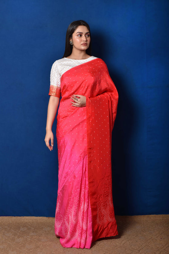 Pink Red Bandhani on Pure Silk Saree