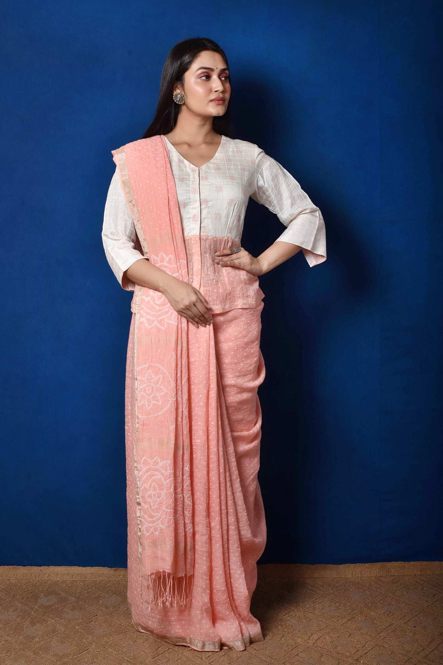 Peach Linen Bandhani Saree