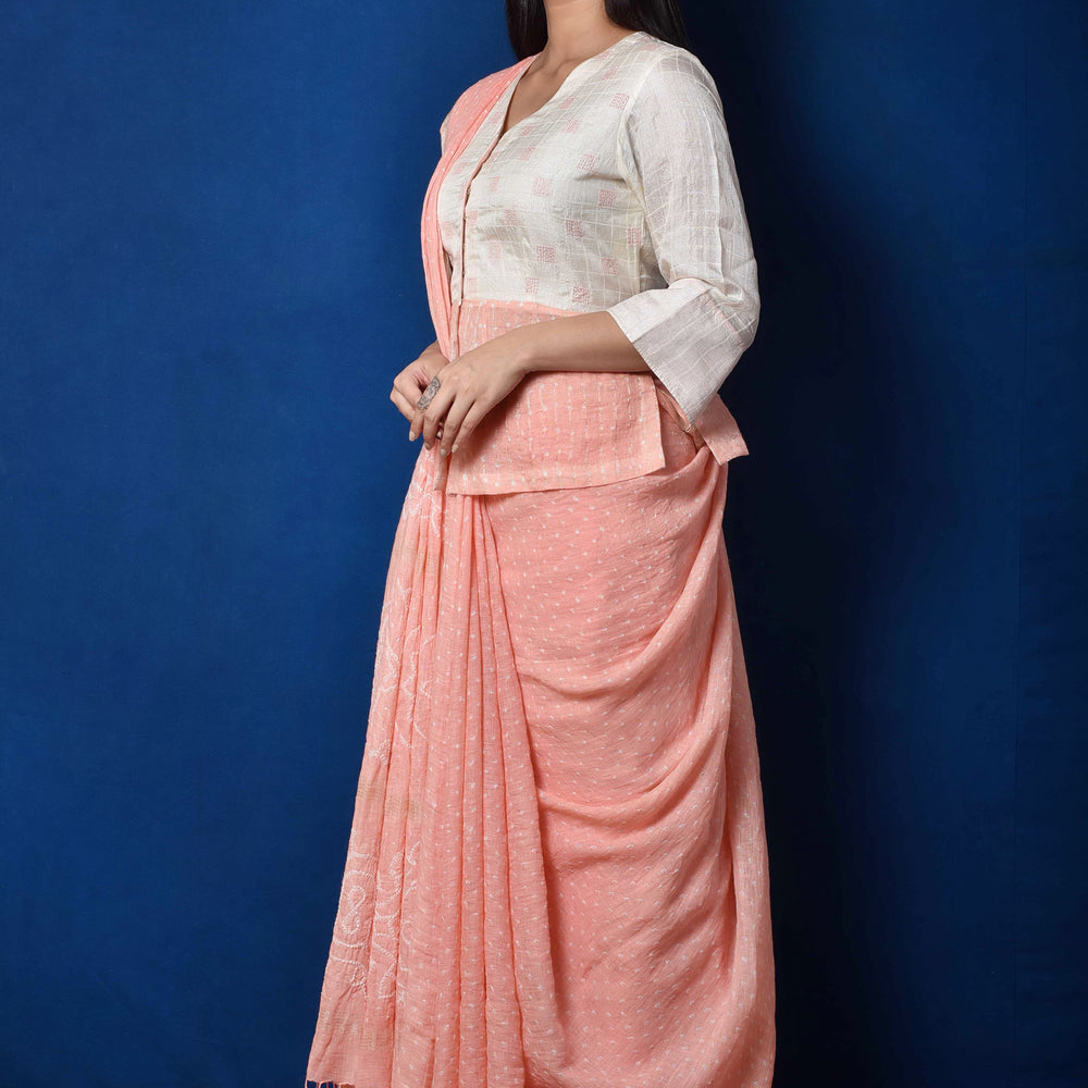 
                      
                        Peach Linen Bandhani Saree
                      
                    