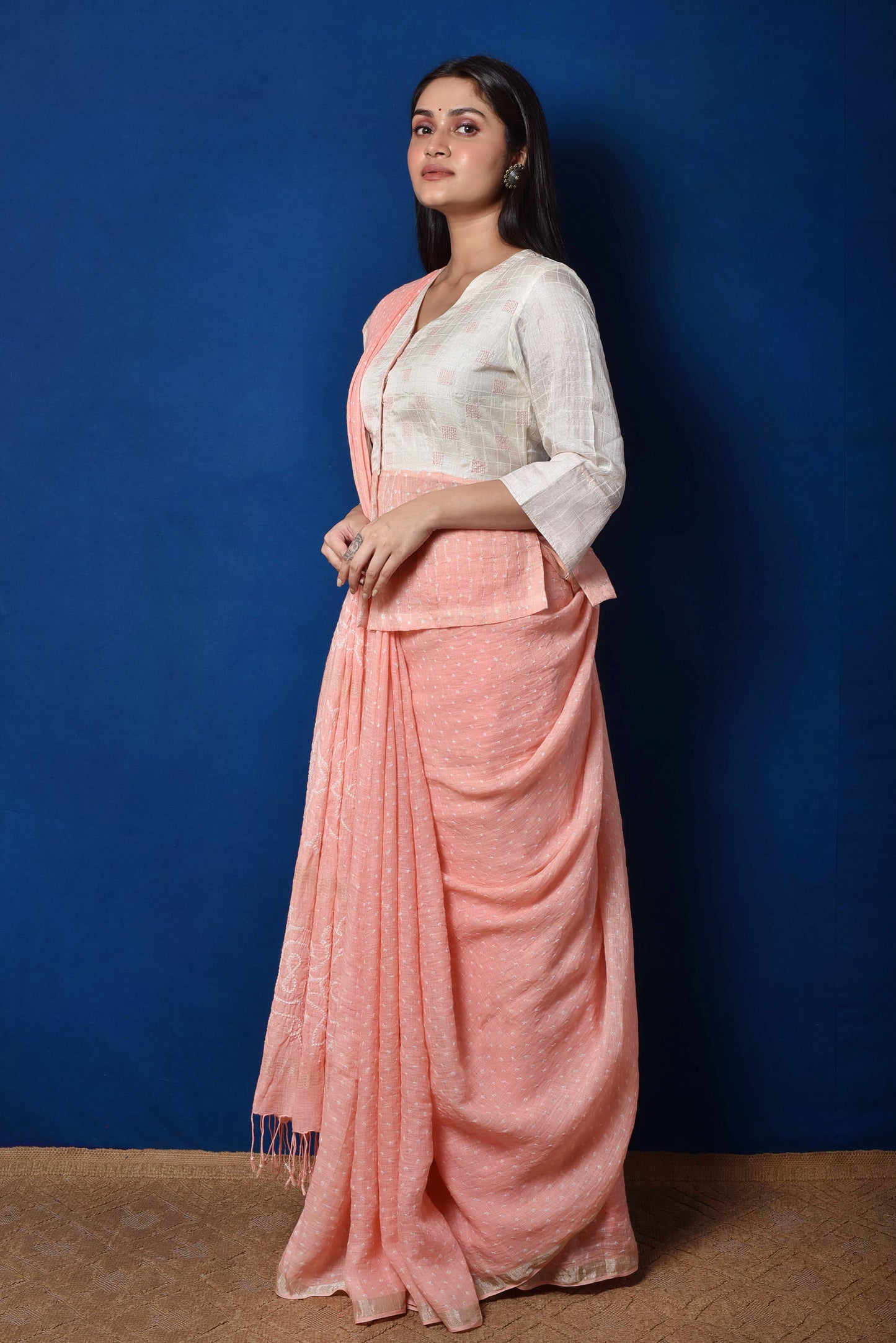 Peach Linen Bandhani Saree