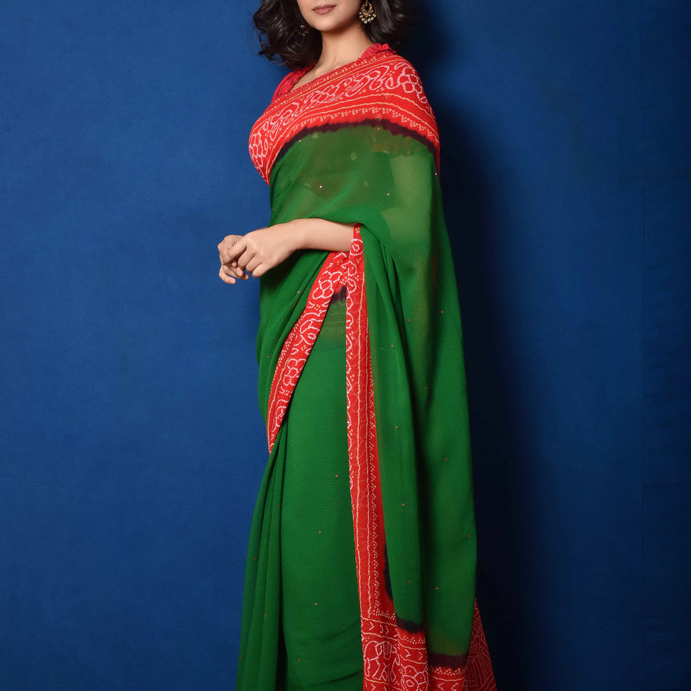 Classic Red and Green Bandhani on Chiffon Saree