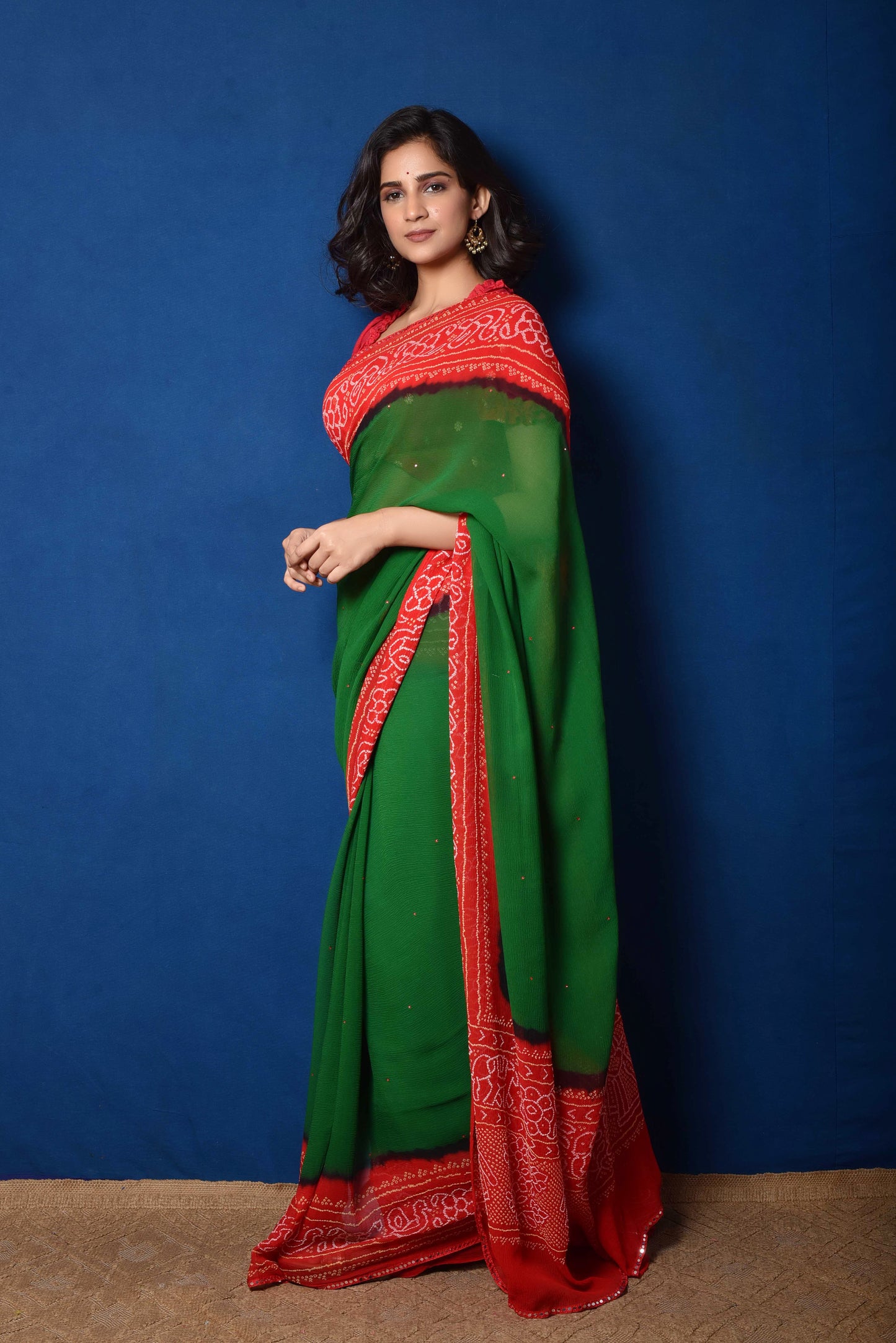 Classic Red and Green Bandhani on Chiffon Saree