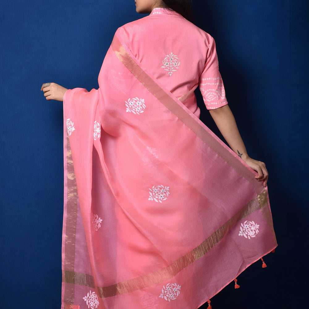 
                      
                        Pink Organza Thread Embroidered Saree
                      
                    