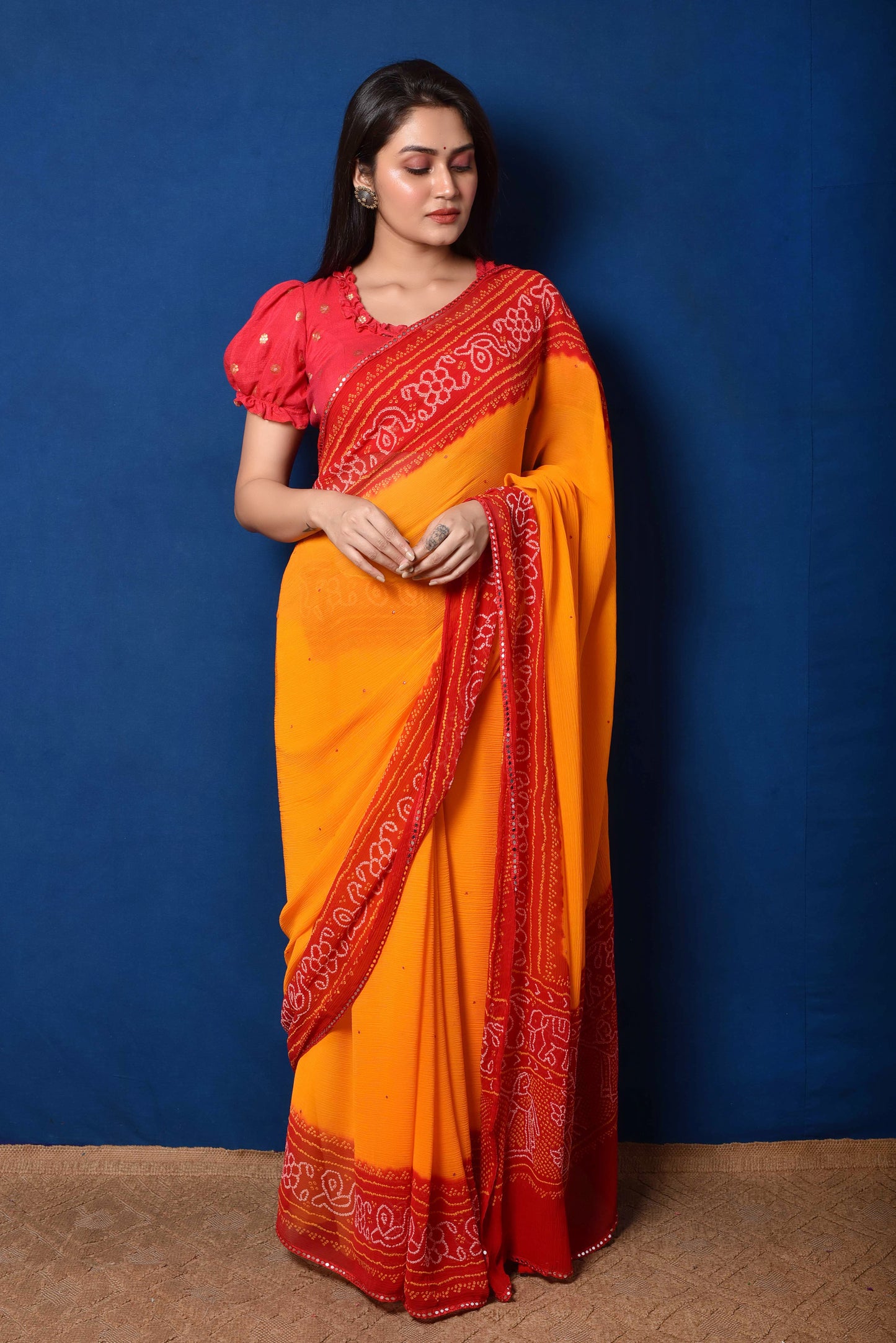 Classic Red and Orange Bandhani Chiffon Saree