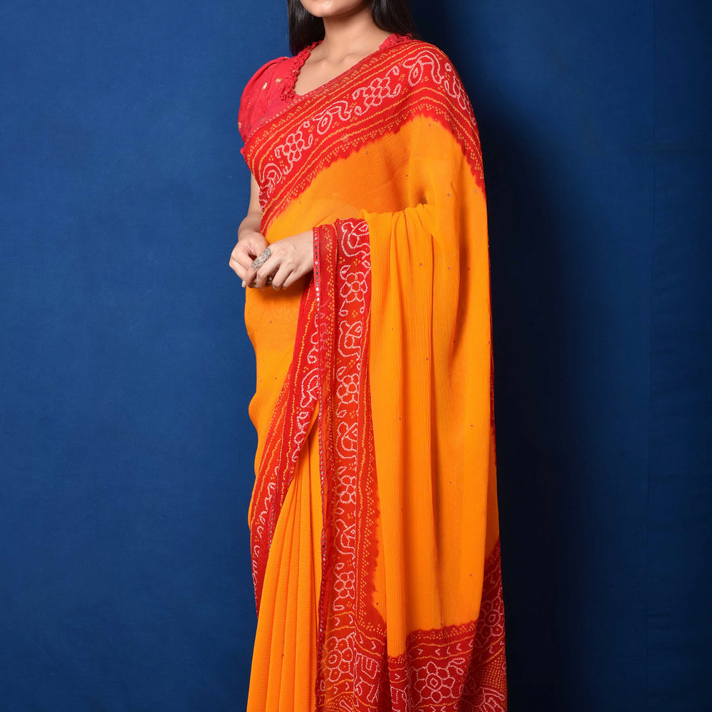 Classic Red and Orange Bandhani Chiffon Saree