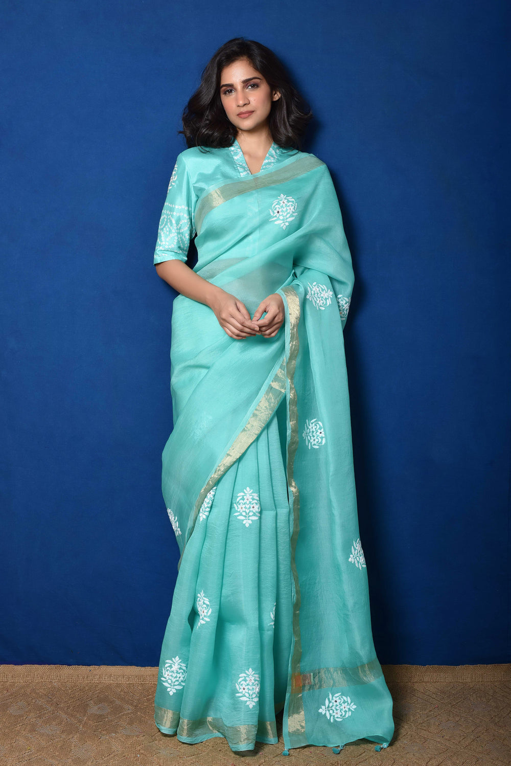 Bluish Green Organza Thread Embroidered Saree