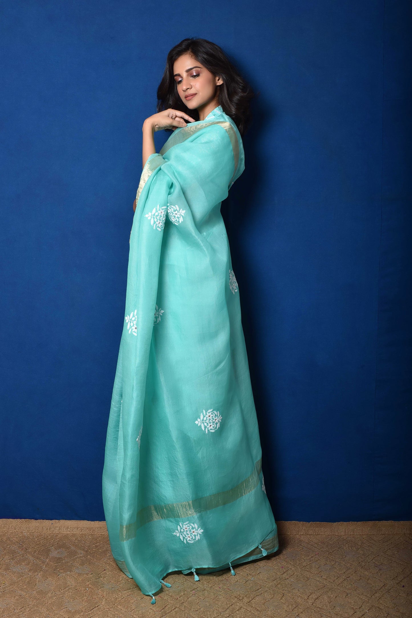 Bluish Green Organza Thread Embroidered Saree