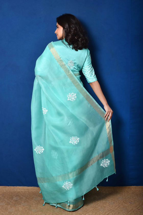 Bluish Green Organza Thread Embroidered Saree