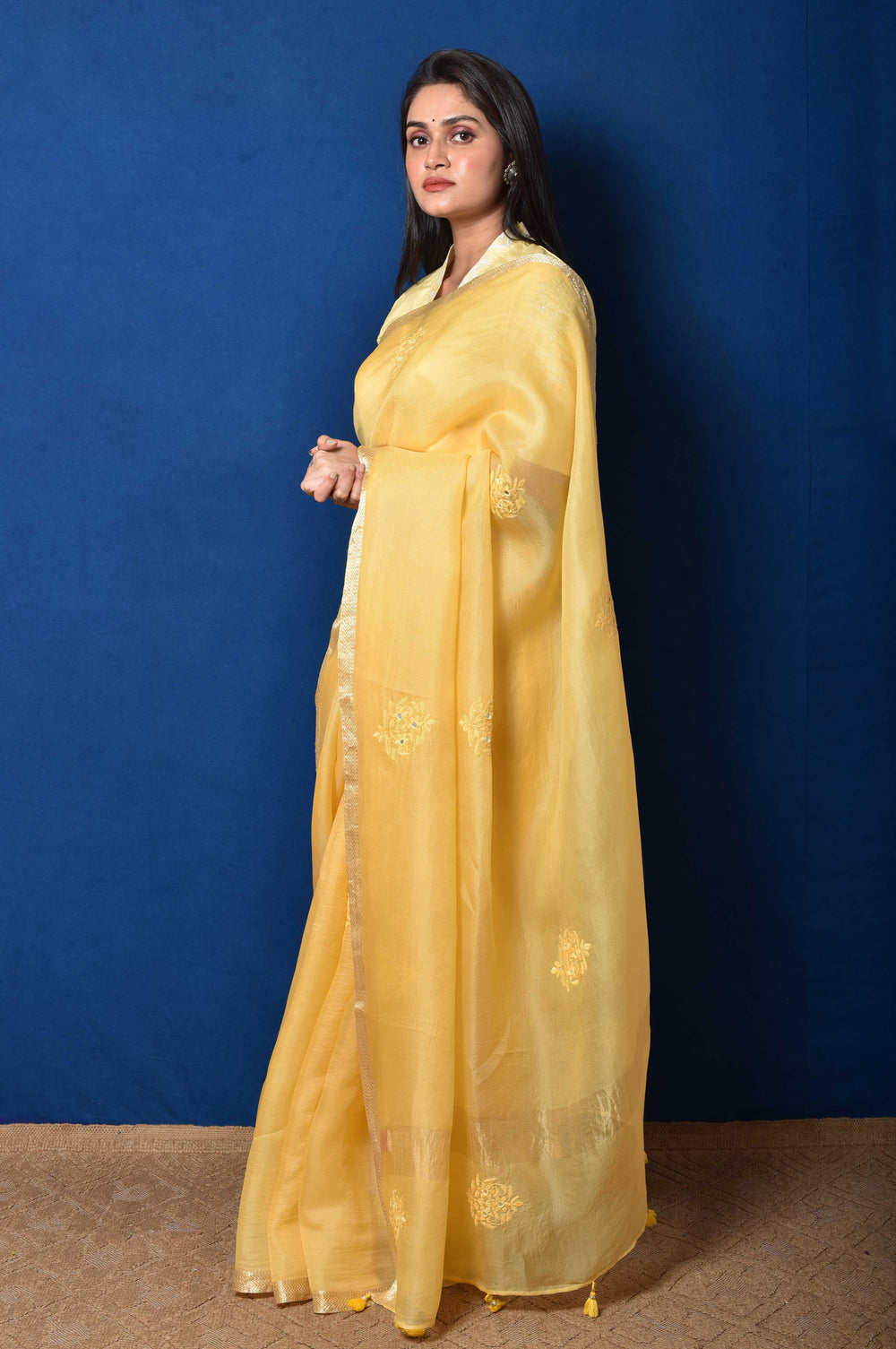 Yellow Organza Thread Embroidered Saree