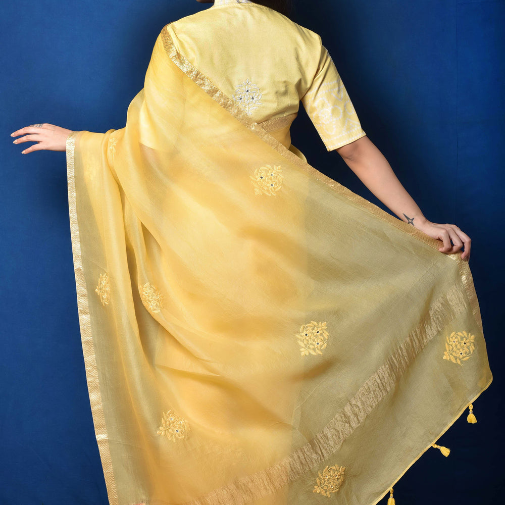 
                      
                        Yellow Organza Thread Embroidered Saree
                      
                    