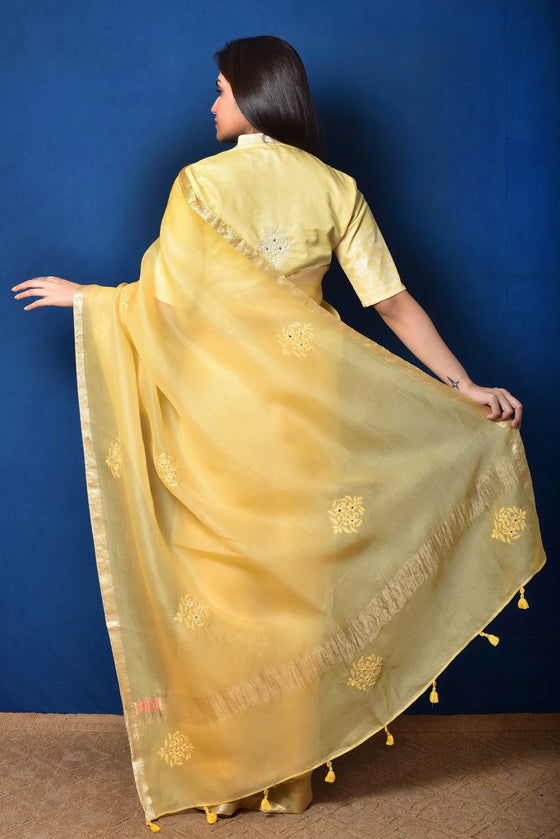 Yellow Organza Thread Embroidered Saree