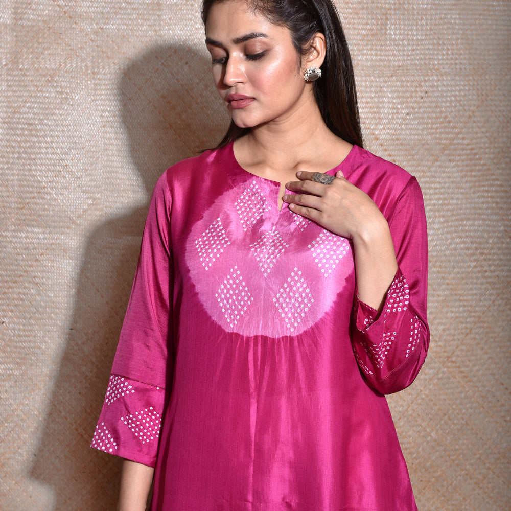 
                      
                        Pink Magenta Bandhani on Pure Silk Kurta
                      
                    