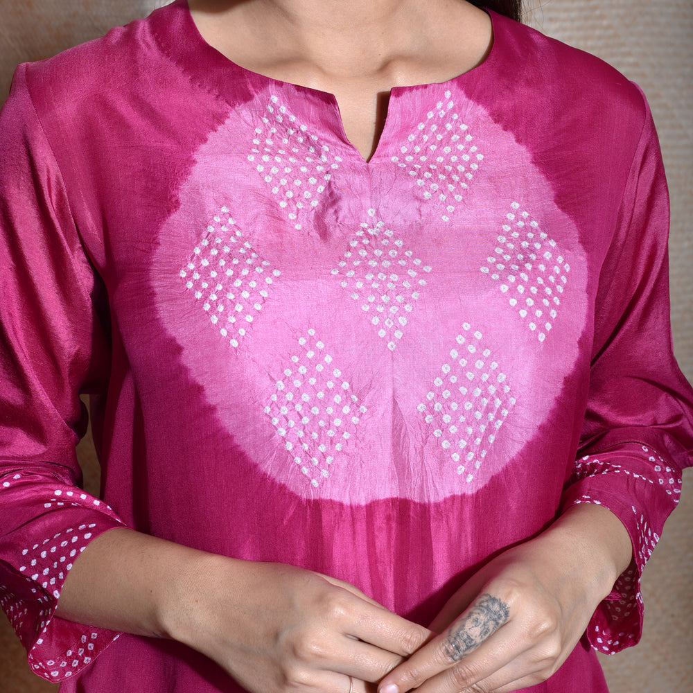 
                      
                        Pink Magenta Bandhani on Pure Silk Kurta
                      
                    