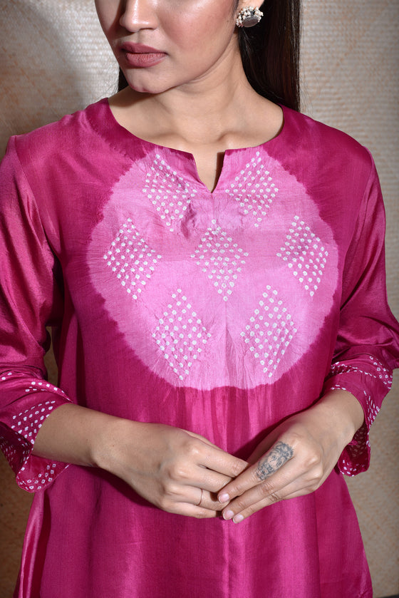 Pink Magenta Bandhani on Pure Silk Kurta