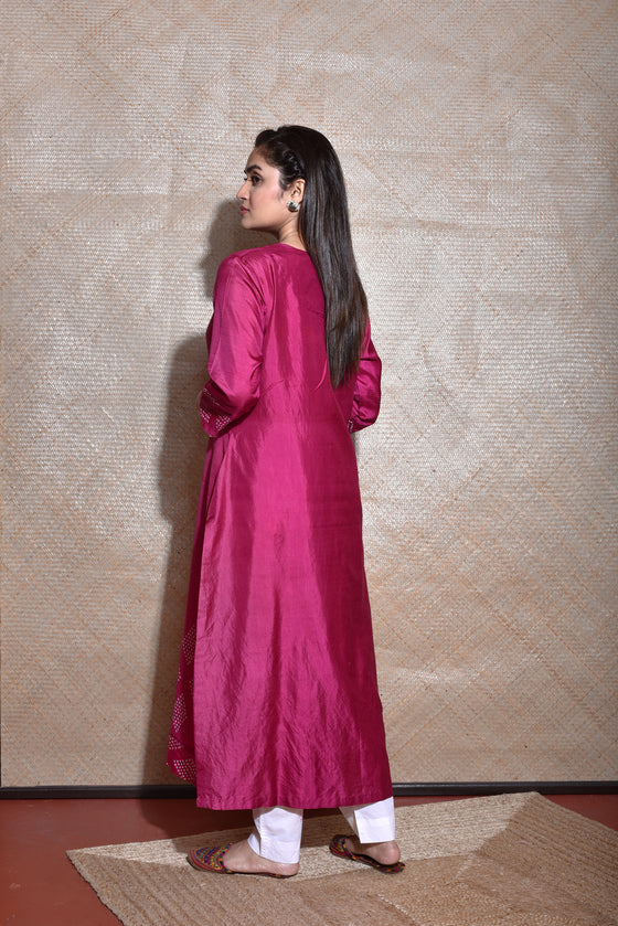 Pink Magenta Bandhani on Pure Silk Kurta