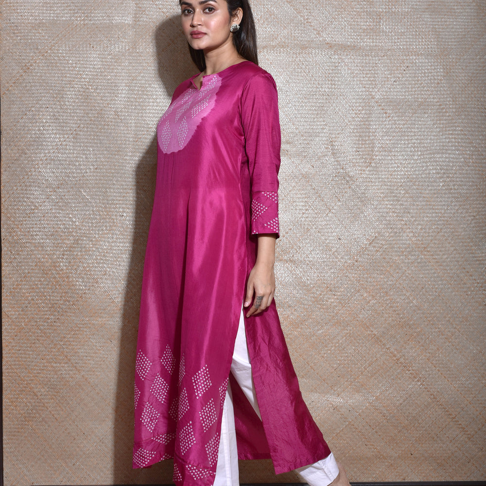 
                      
                        Pink Magenta Bandhani on Pure Silk Kurta
                      
                    