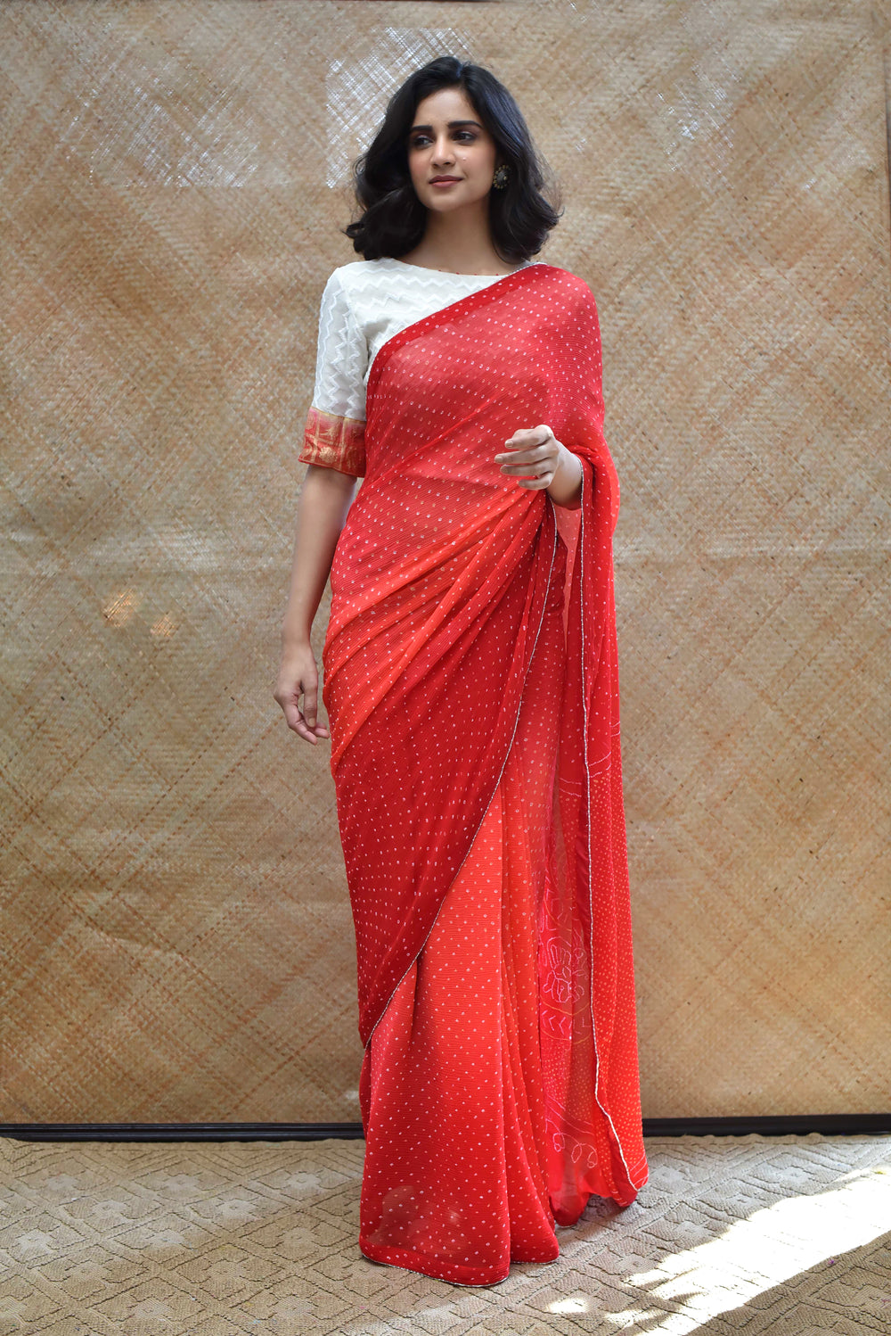 Red Peach Bandhani Saree in Pure Chiffon