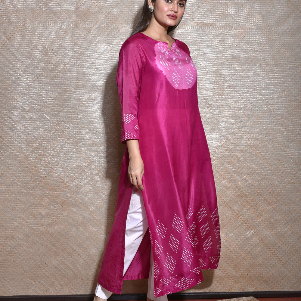 Pink Magenta Bandhani on Pure Silk Kurta