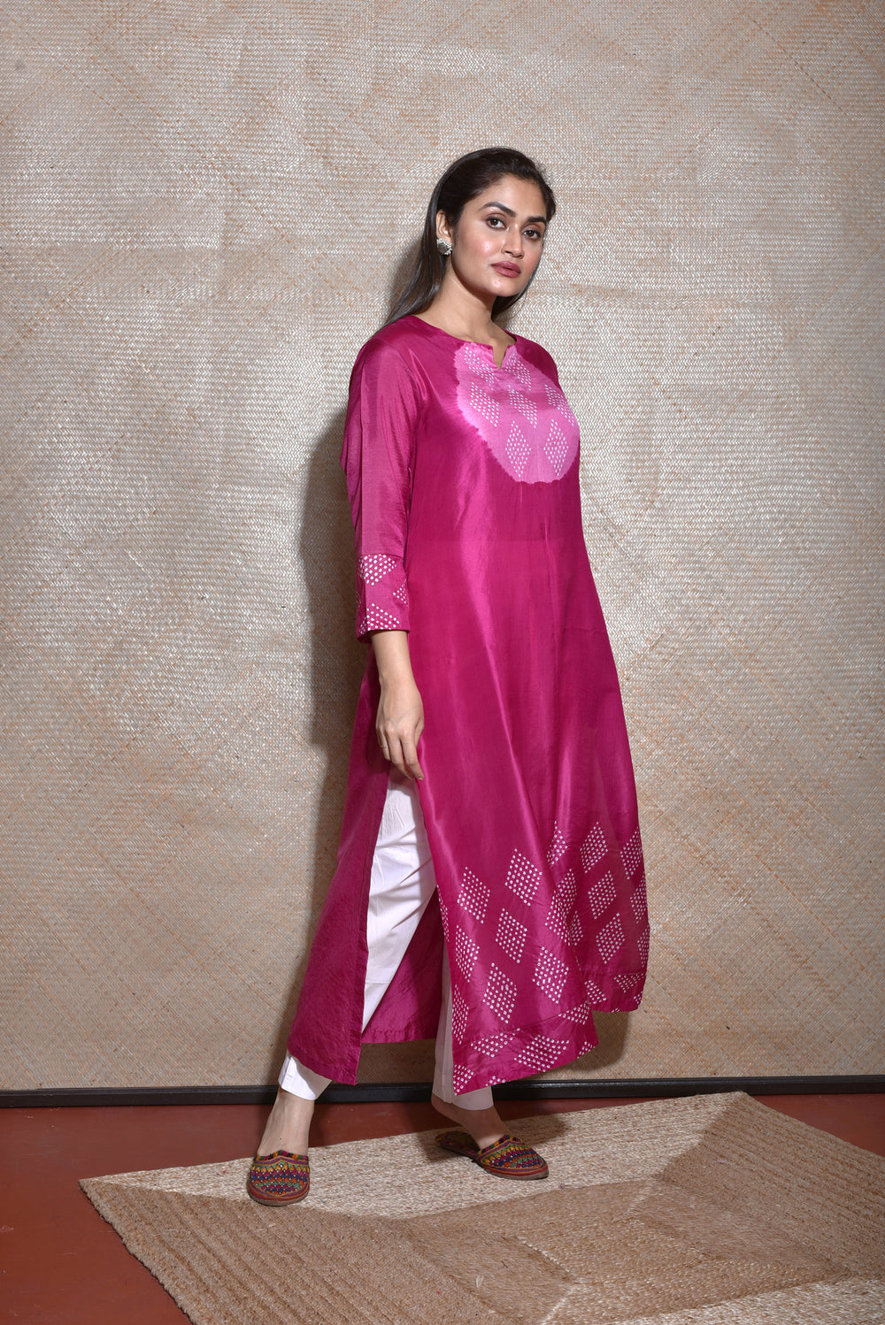 Pink Magenta Bandhani on Pure Silk Kurta