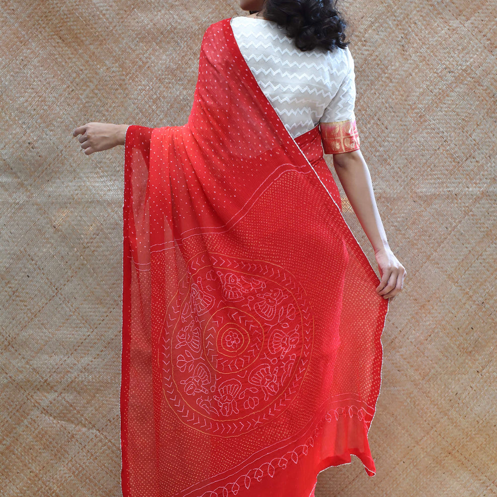 
                      
                        Red Peach Bandhani Saree in Pure Chiffon
                      
                    