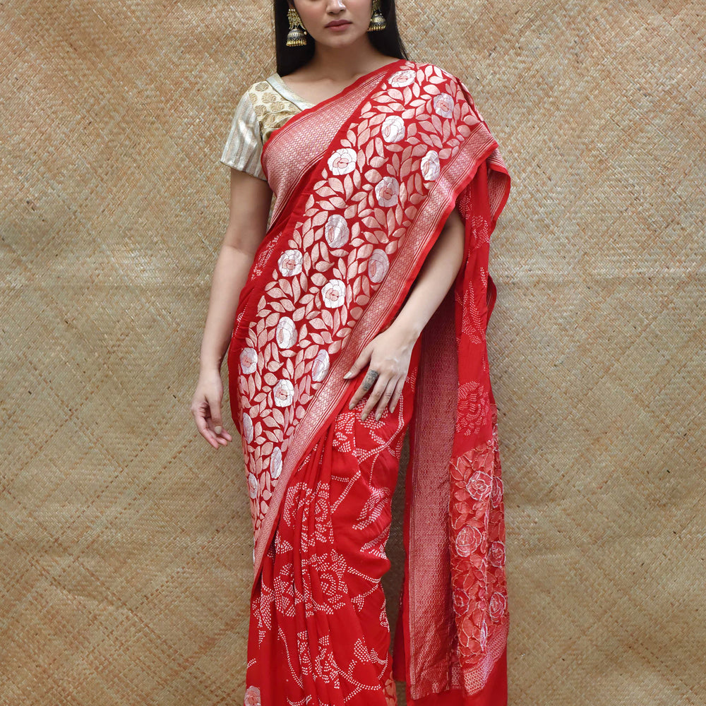 
                      
                        Abstract Banarasi Bandhani Saree with Rose Floral Motif in Red
                      
                    