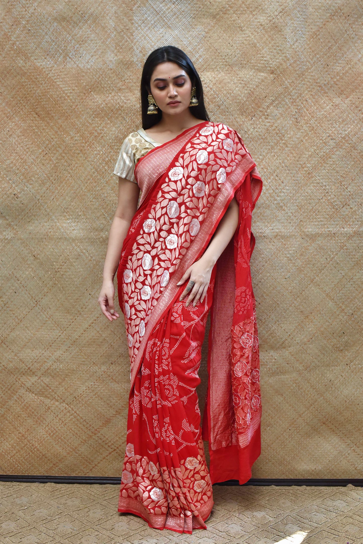 Abstract Banarasi Bandhani Saree with Rose Floral Motif in Red