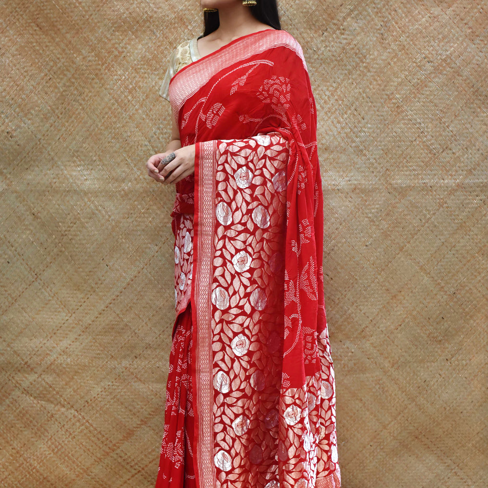 Abstract Banarasi Bandhani Saree with Rose Floral Motif in Red