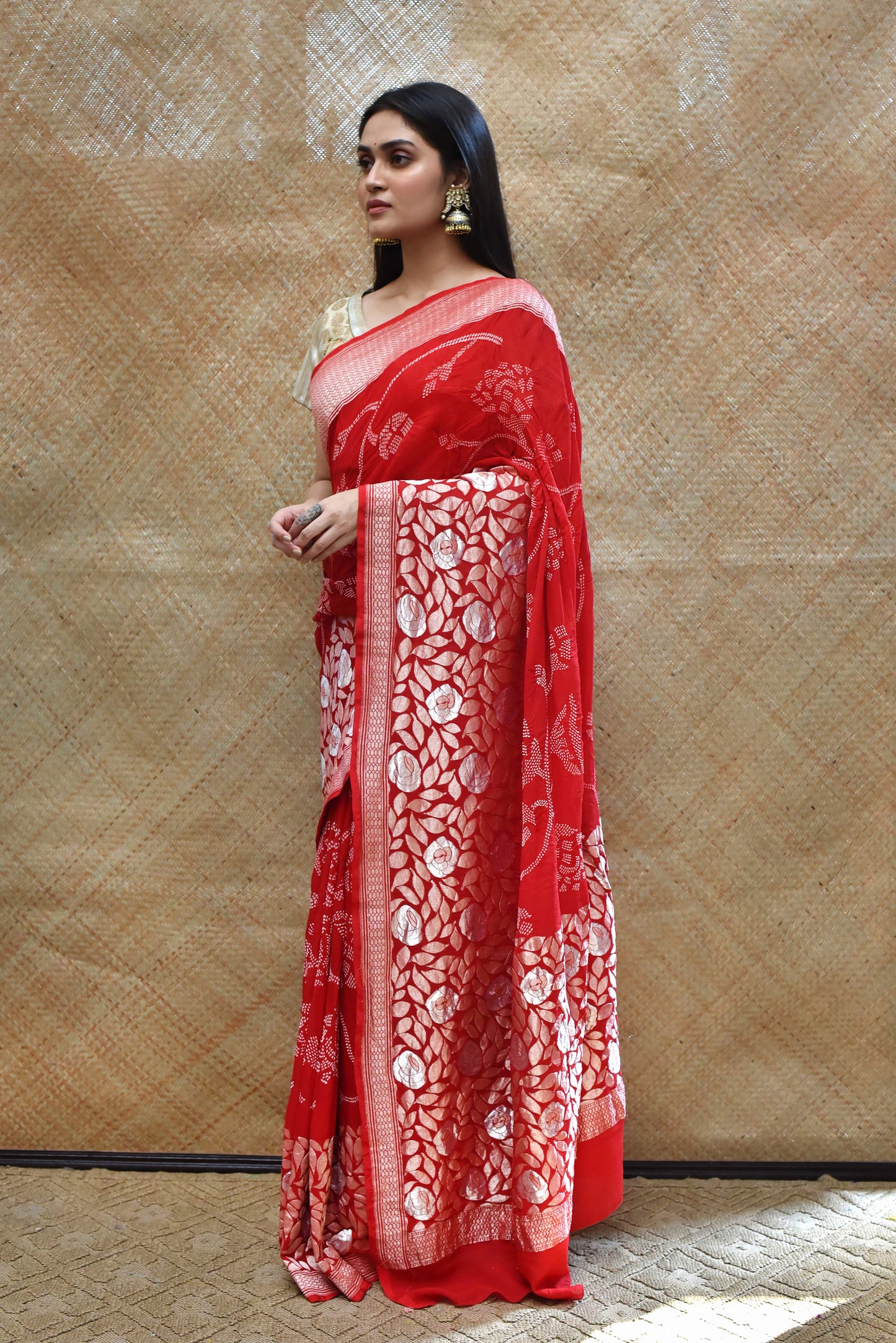 Abstract Banarasi Bandhani Saree with Rose Floral Motif in Red