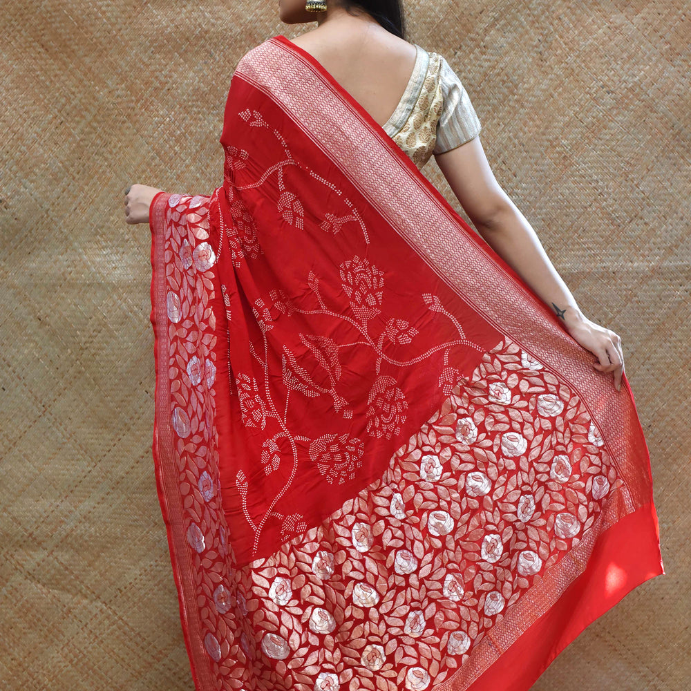 
                      
                        Abstract Banarasi Bandhani Saree with Rose Floral Motif in Red
                      
                    