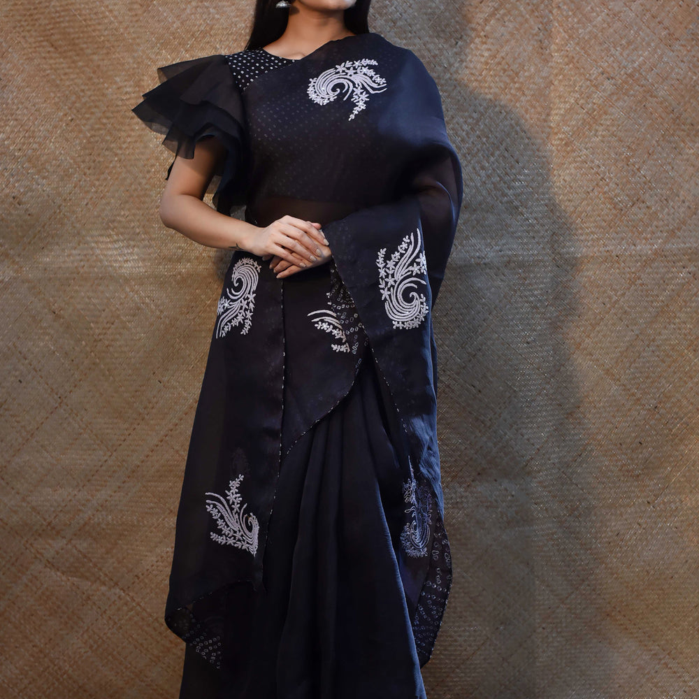 Black Organza Saree with Thread Embroidery