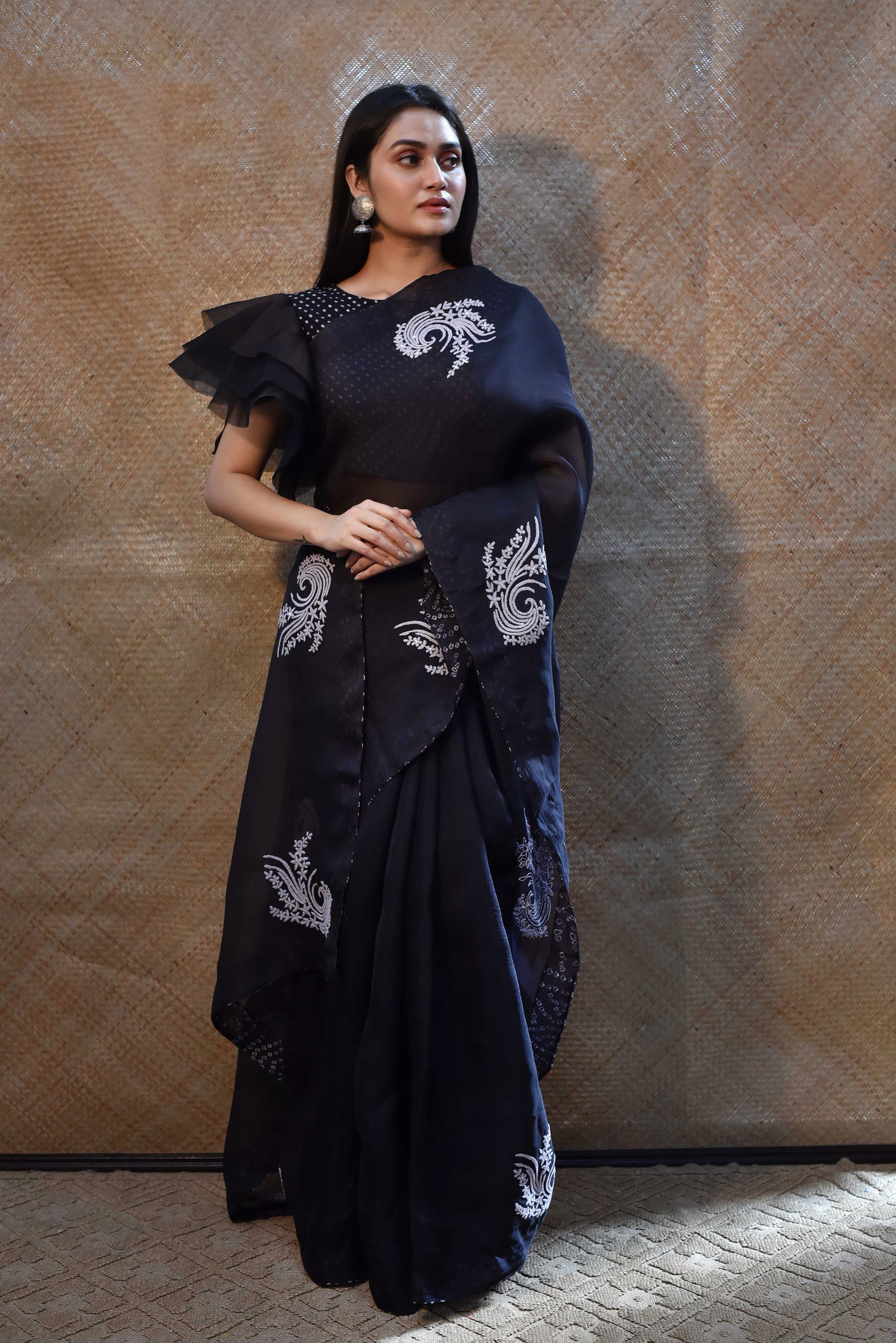 Black Organza Saree with Thread Embroidery