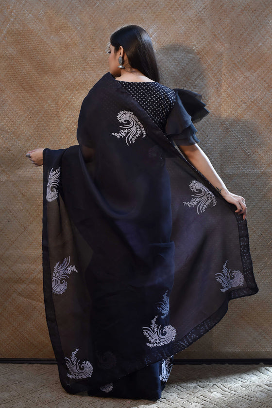 Black Organza Saree with Thread Embroidery