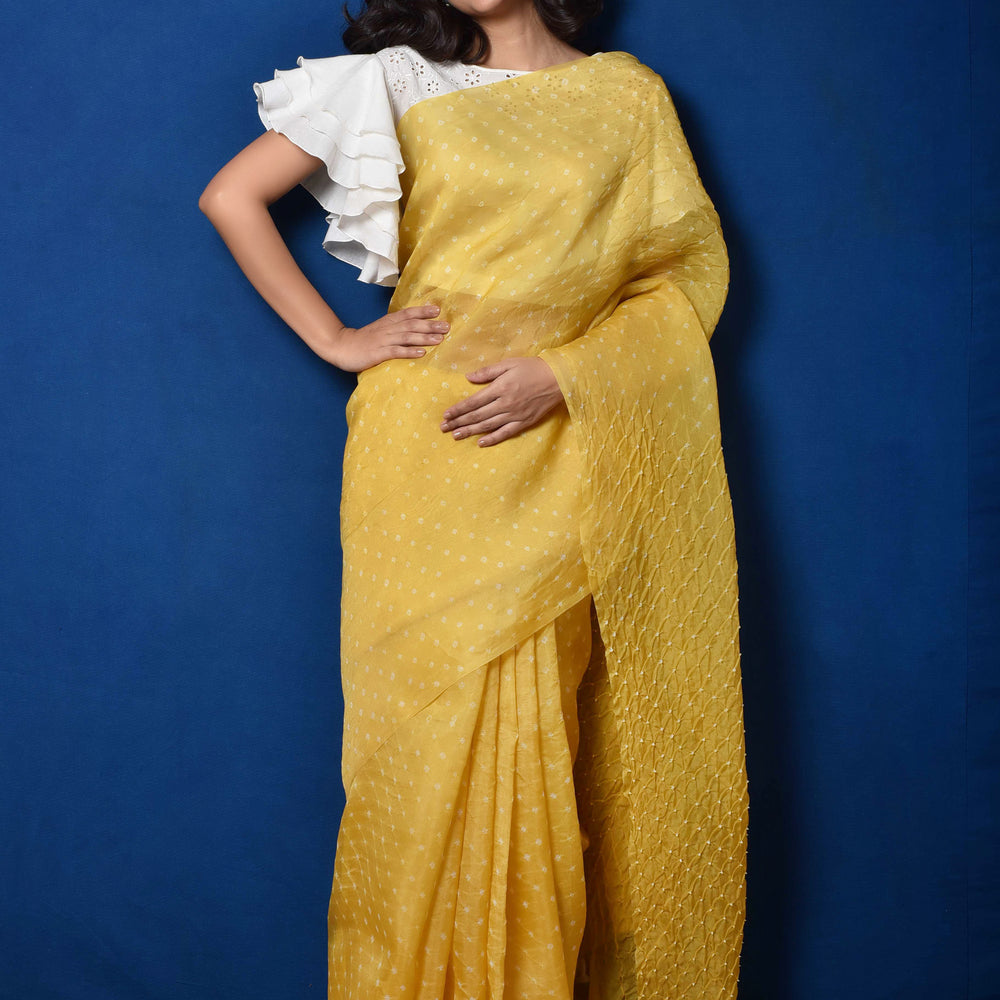 Bandhani on Pure Organza Saree in Pale Yellow