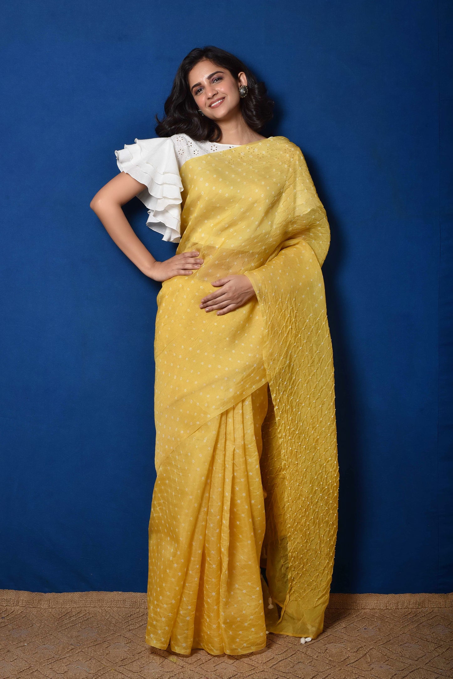 Bandhani on Pure Organza Saree in Pale Yellow